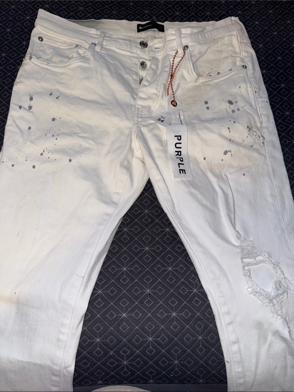 Purple Men’s White Skinny Jeans with Paint-Splatter Detailing